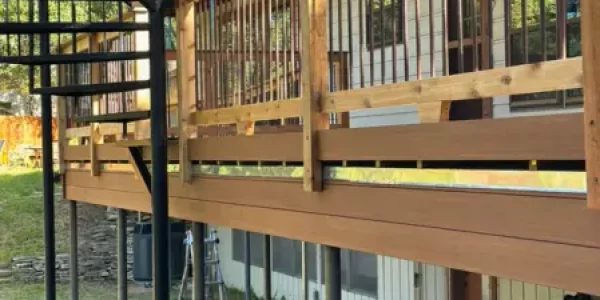 Wood deck with steel railings designed for stairs